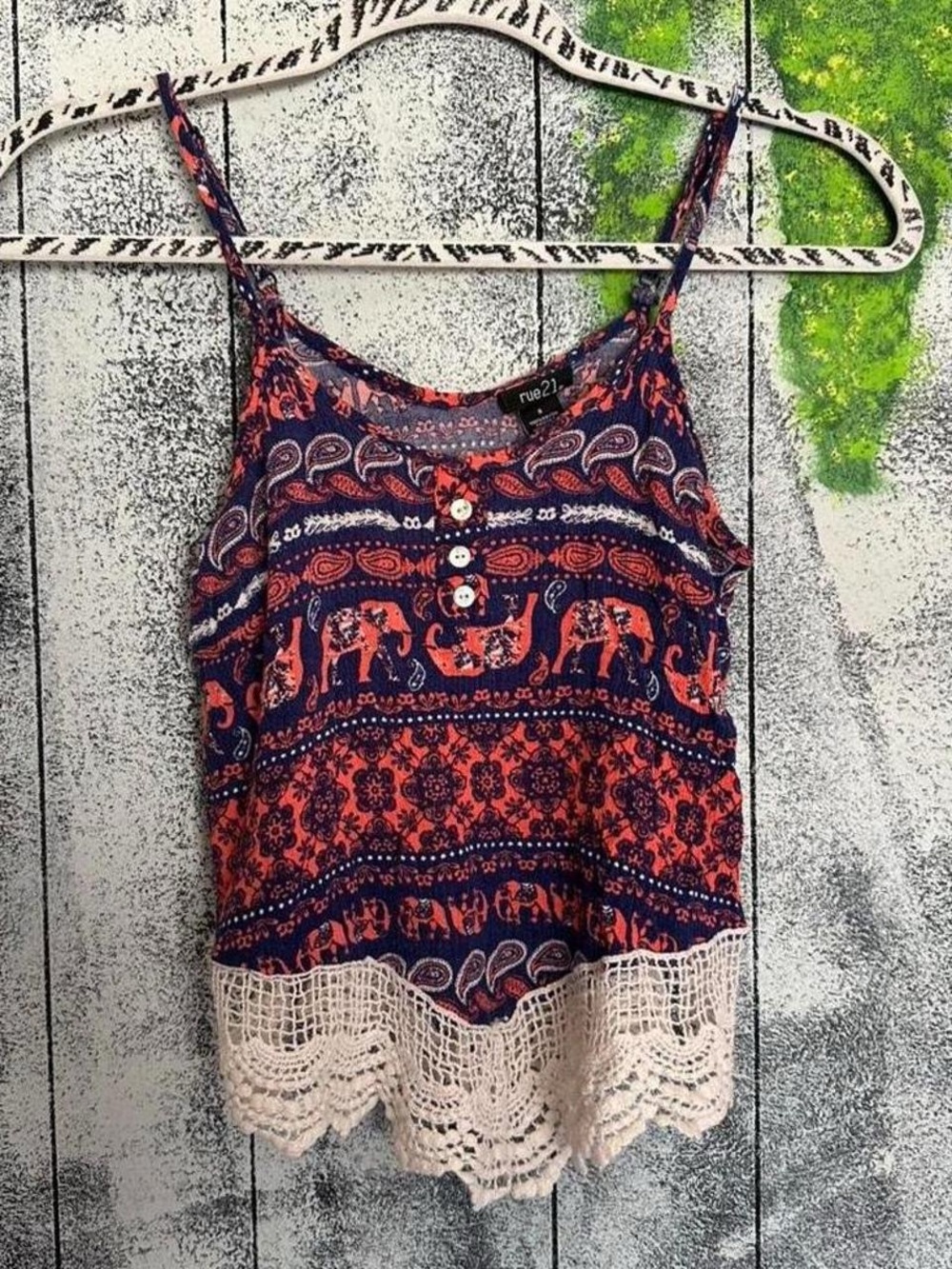 Rue21 Navy and Coral Elephant Print Crochet-Hem Cami Top